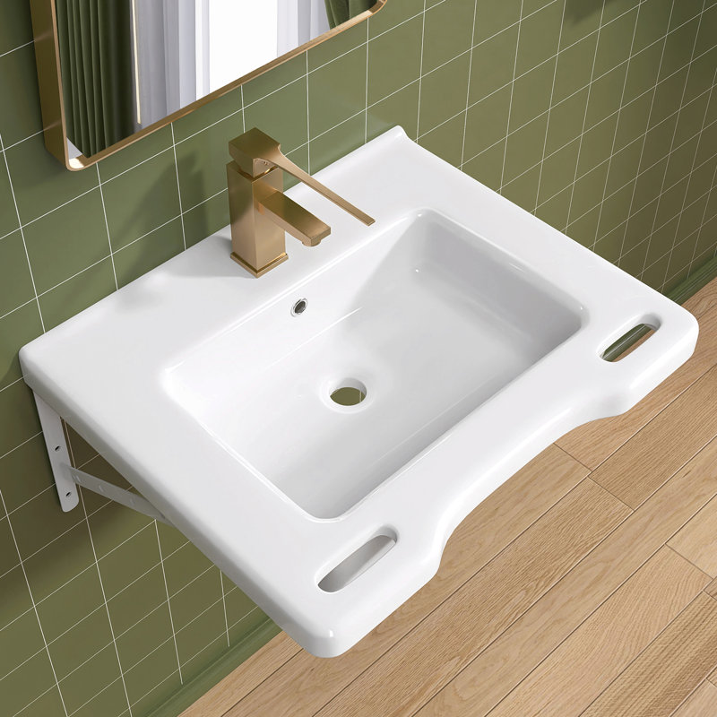 24,1 po L x 19,7 po L 5,3 po D ADA Conforme à l'ADA Lavabo à fixation murale pour fauteuil roulant avec poignée blanc