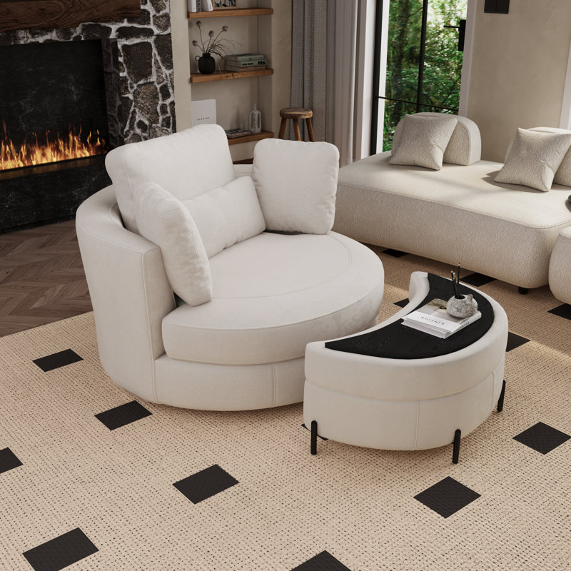 50" W Oversized Upholstered Swivel Barrel Chair With Ottoman, Beige