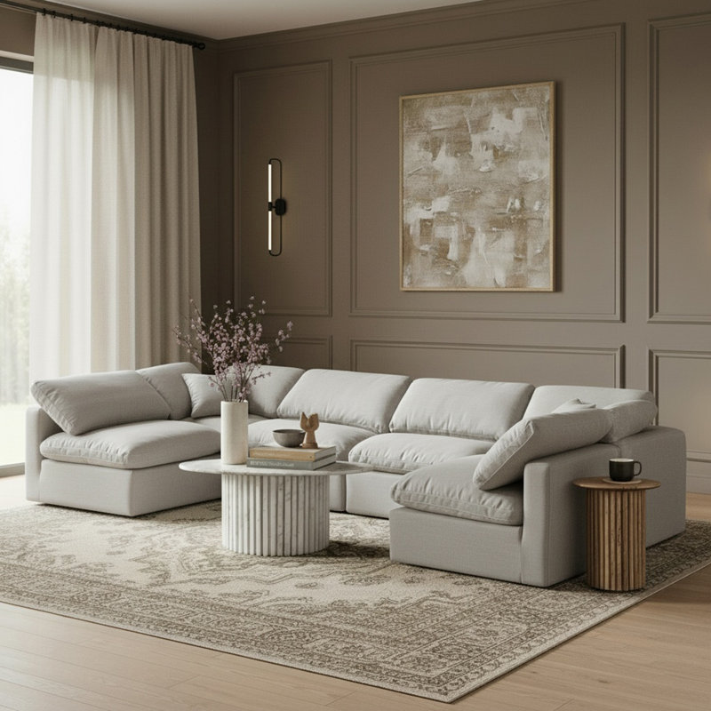 Canapé modulaire de coin rembourré 6 pièces Itala, Tissu gris texturé en lin