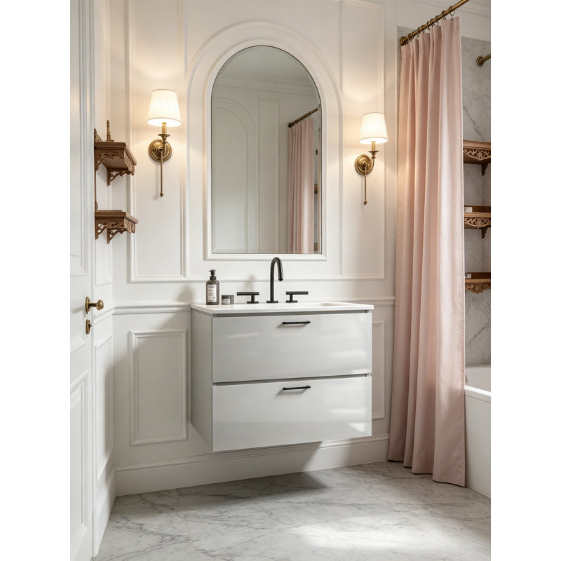 Meuble-lavabo mural flottant avec lavabo en céramique et tiroirs à fermeture en douceur, White, 24"