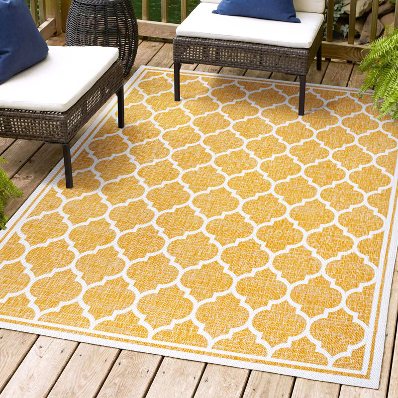 Tapis d'intérieur / extérieur jaune / crème Trebol, Rectangle 3 pi 1 po x 5 pi