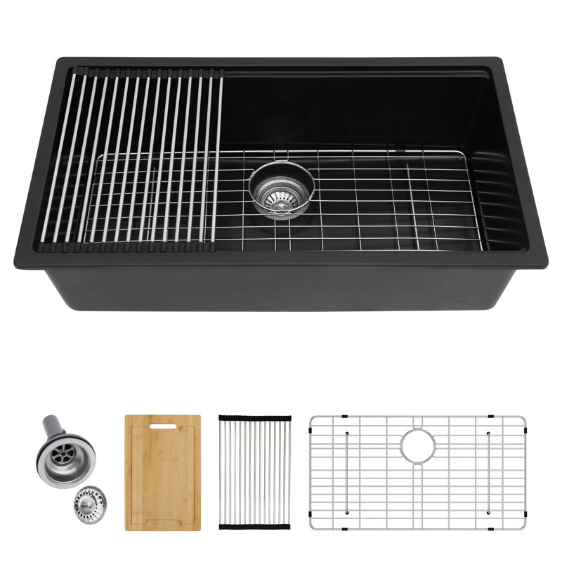 30'' x 19" Undermount Quartz Kitchen Sink Workstation Single Bowl Granite Sink with Accessories, Matte Black
