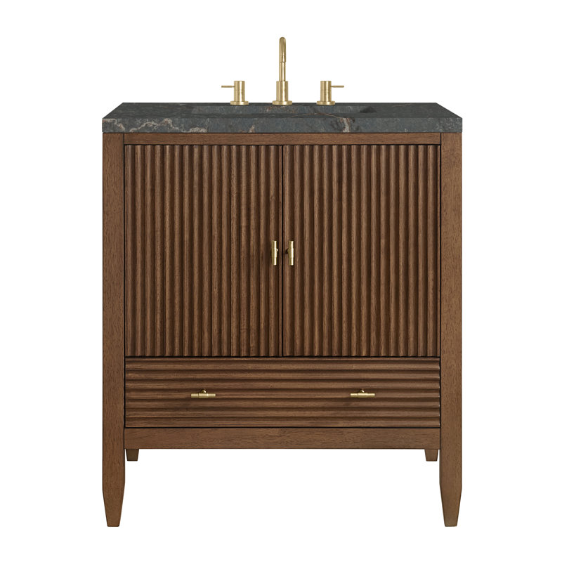 Myrrin 30" W Single Vanity, Parisien Bleu Silestone, Mid-Century Walnut, 8" Widespread
