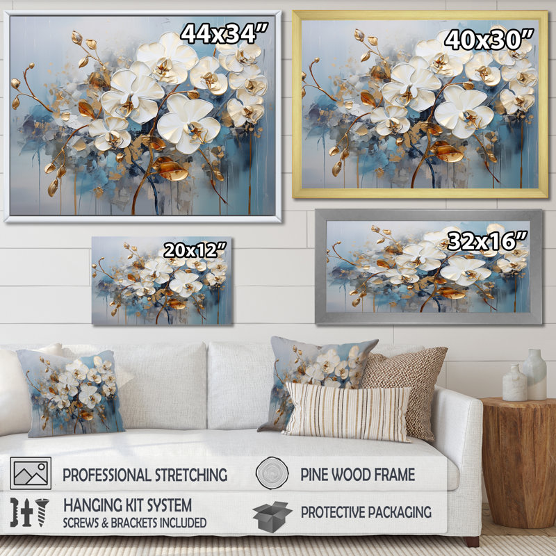 Décoration murale orchidée beige et or Bloom III - Orchidées, Cadre flottant doré, H 12 po x l 20 po x P 1 po
