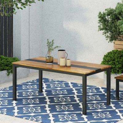 Modern Industrial Acacia Wood Dining Table With Powder-Coated Frame And Slat Design For Durable And Stylish Meals