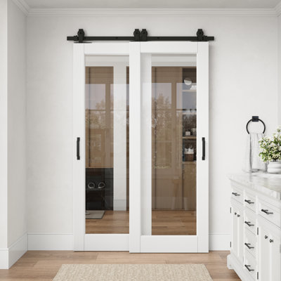 Porte standard préfinie à un vitrage clair de 48 po x 80 po avec ensemble de quincaillerie pour porte coulissante de style grange, idéale pour le garde-manger et le placard.