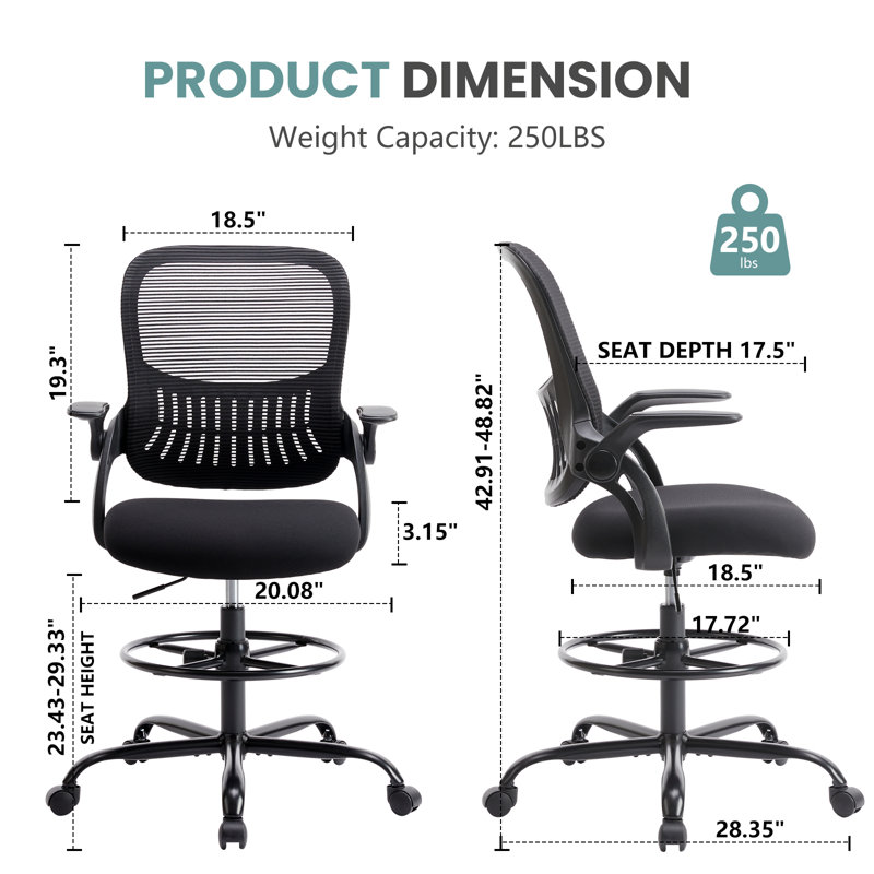 Ergonomic Mesh Drafting Chair Tall Office Chair With Adjustable Footrest Ring, Black