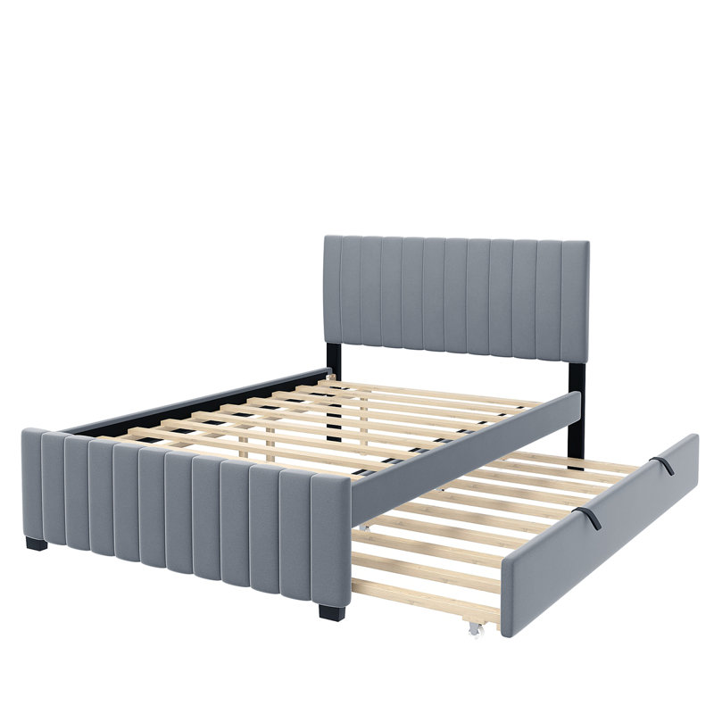 Velvet Upholstered Platform Bed With Trundle, Grey, Full