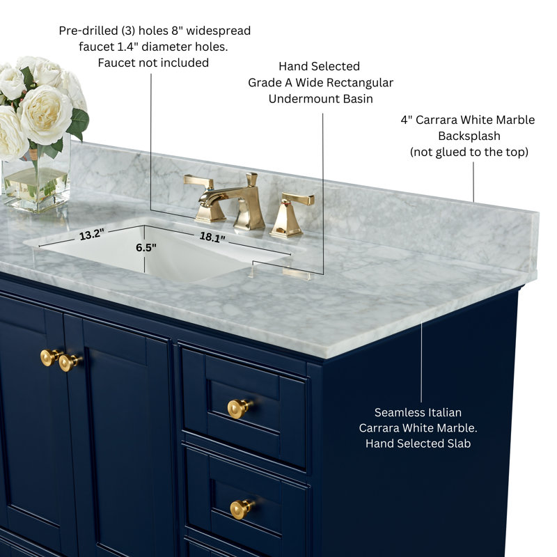 Audrey 66 in. Handmade Double Vanity, Heritage Blue | Brushed Gold, Carrara White