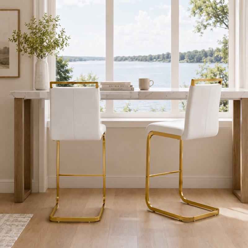 Tabourets de bar 30,5 po en similicuir moderne avec repose-pieds et structure en métal (ensemble de 2), Blanc, 2, Doré