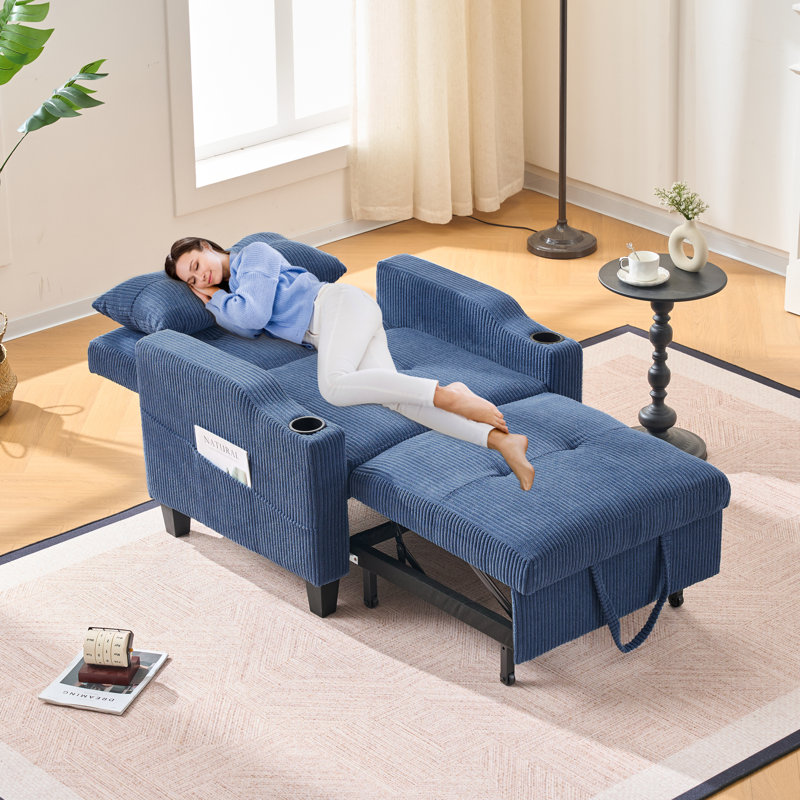 36" Wide Convertible Chair with Pull Handle - 3-In-1 Sleeper Futon Chair Bed with Cup Holder, Blue