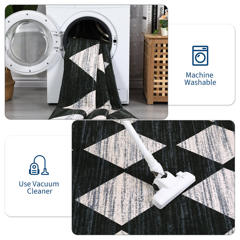 Tapis géométrique à carreaux pour le salon, la chambre à coucher et le vestibule, Black, Rectangle 10 pi x 13 pi