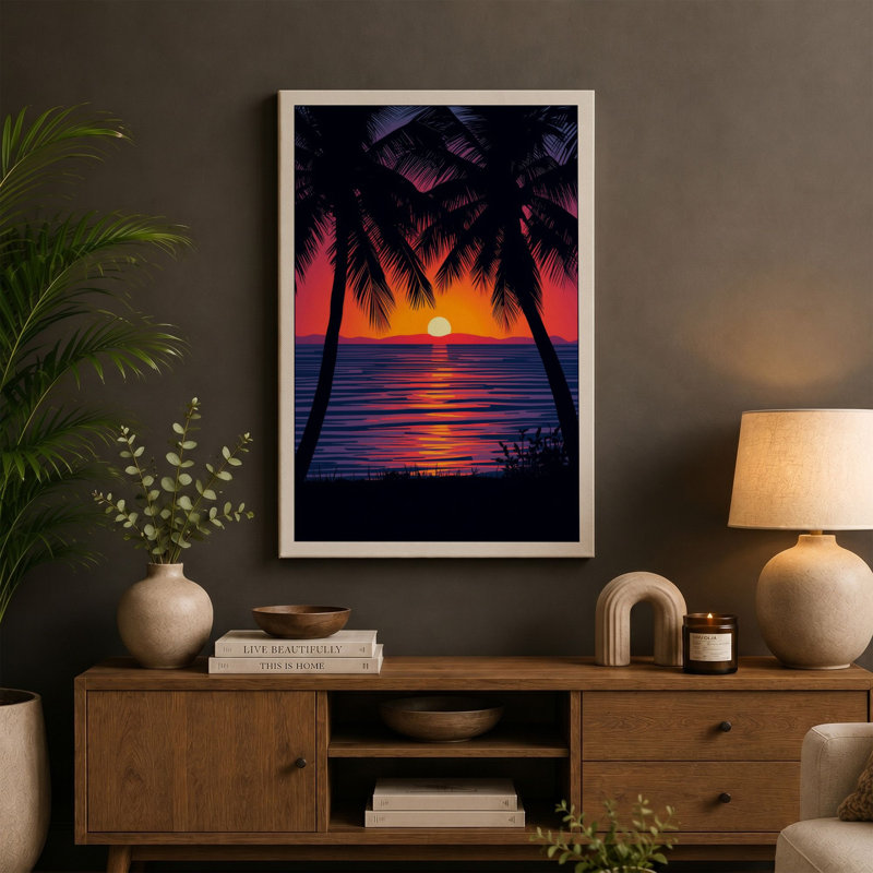 Tropical Sunset Reflection Coastal - Wrapped Canvas, 18x12 - 45.7 x 30.5 cm, Taupe Border