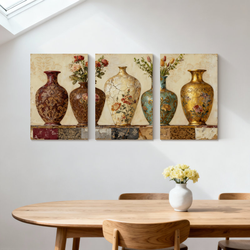 ensemble de 3 vases élégants avec motifs floraux et reflets, H 18 po x l 36 po
