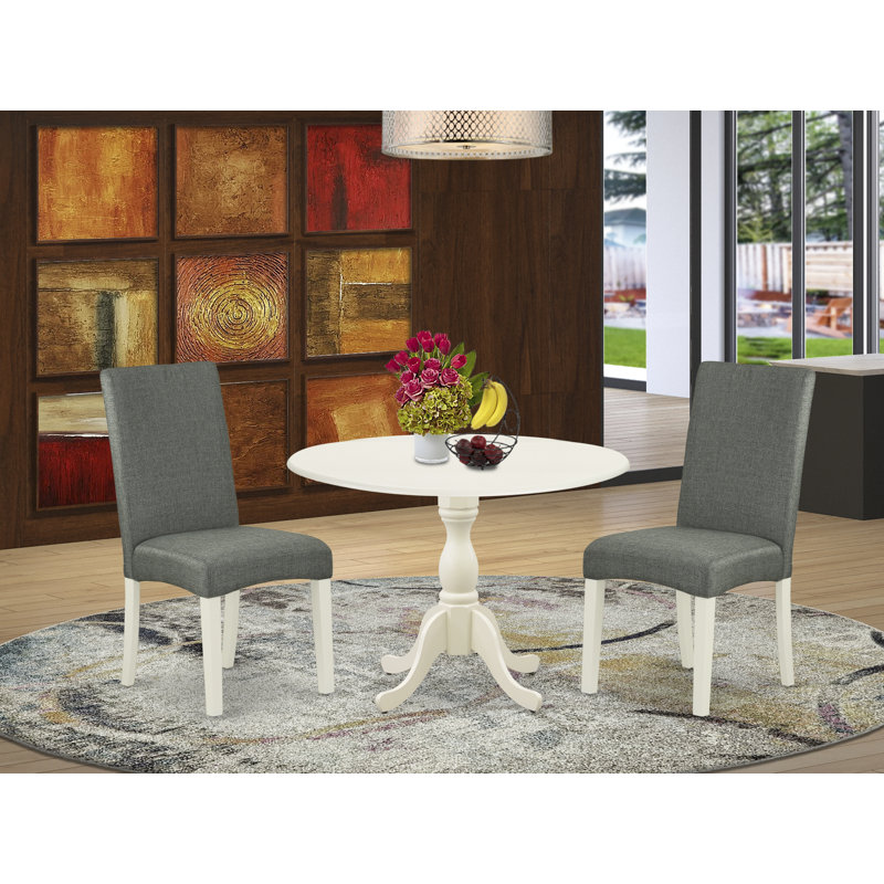 L'ensemble de 3 pièces de table de salle à manger moderne comprend une table ronde en bois avec Dropleaf et 2 chaises de salle à manger Parson en tissu gris, lin blanc