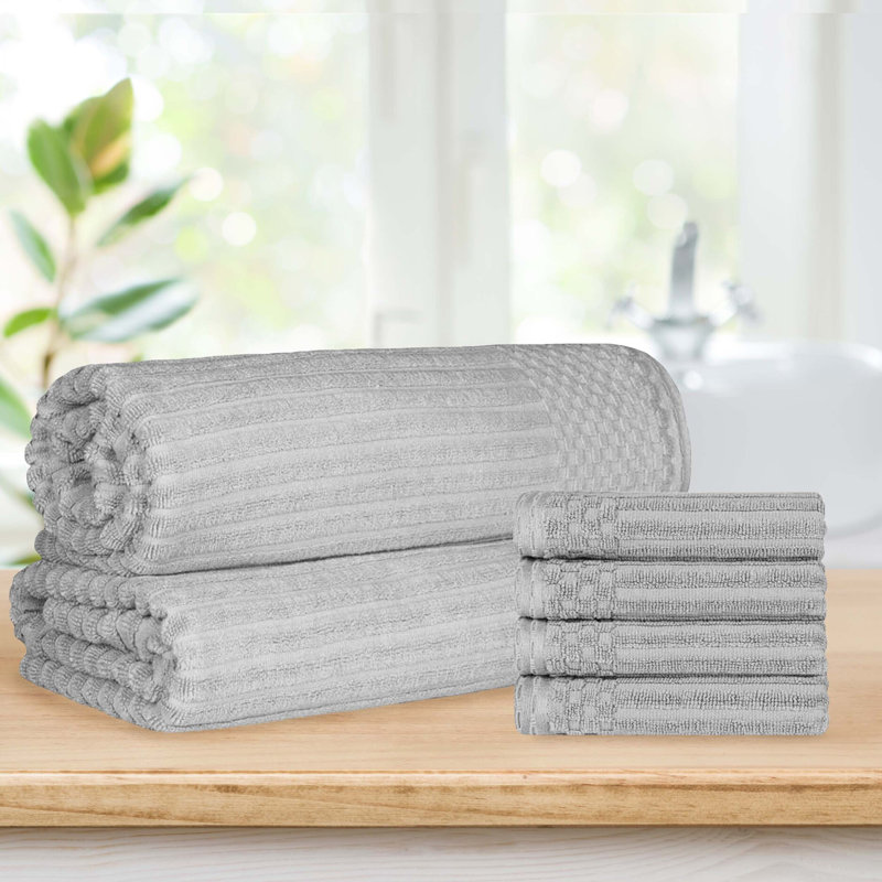 Keshayla Ribbed Cotton Absorbent Heavy 4pc Hand Towel and 2pc Bath Sheet Set, Silver