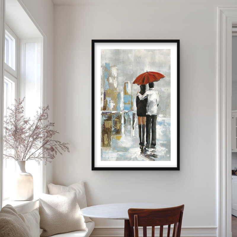 Couple marchant sous un parapluie - impression encadrée décorative, H 36 po x l 24 po