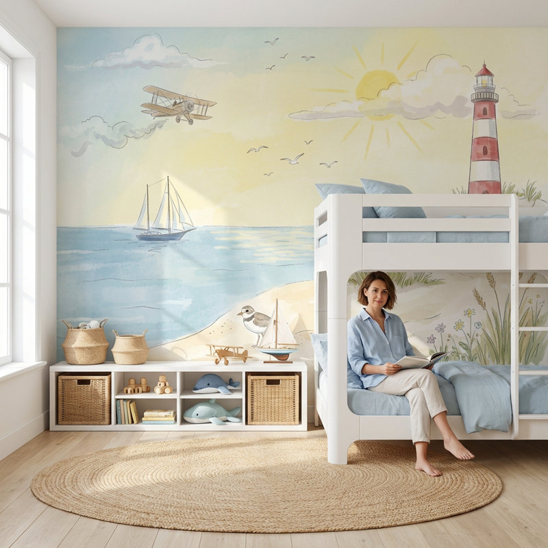 Papier peint bord de mer phare Coastal, 140" x 108", Peler et coller