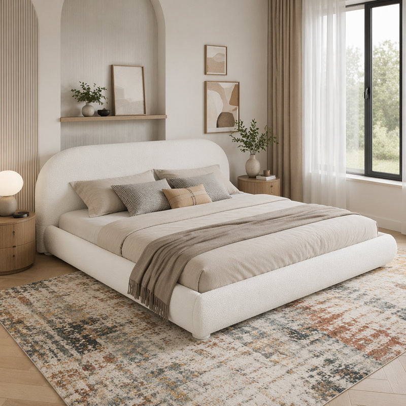 Lit tapissier simple avec lit double moderne, Crème, Très grand lit
