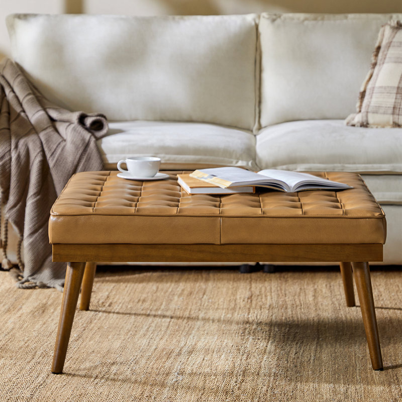 Anahli 36.25" W Genuine Leather Ottoman with Solid Wood Legs, Camel