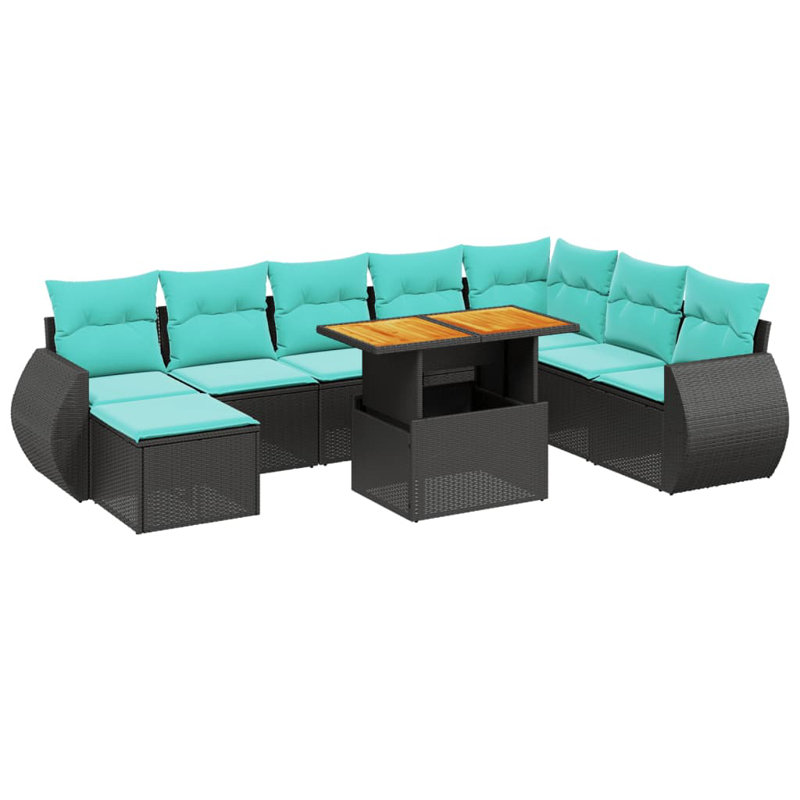  Ensemble de canapé de patio 9 pièces avec coussins en rotin de polyester, Noir, Vert