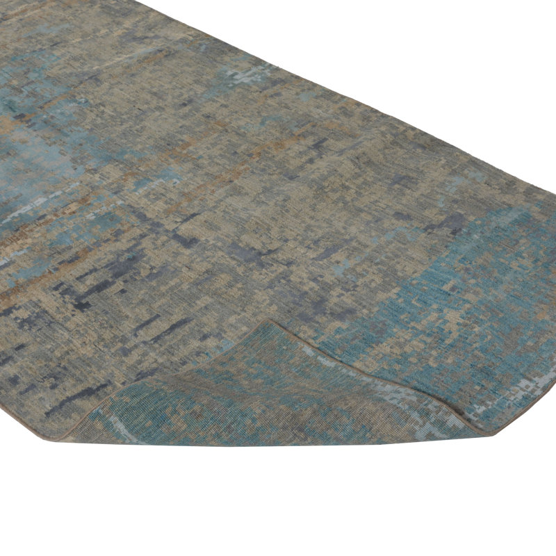 Gray & Blue Modern Wool Silk Blend Runner - 4' x 13'7"