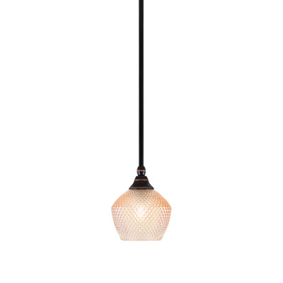 Pomeroy Hung Mini Pendant Shown In Black Copper Finish With 6" Amber Textured Glass