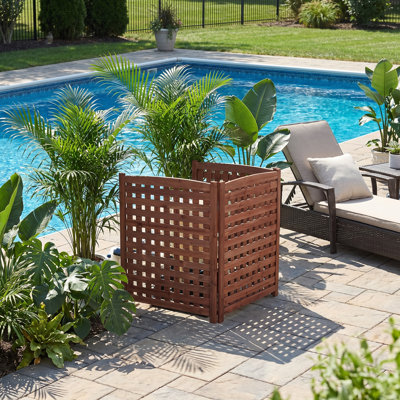 Clôture extérieure pour climatiseur à 3 panneaux, 81 cm (L) x 97 cm (H), en bois massif, brun, pour une meilleure intimité et une ventilation optimale.