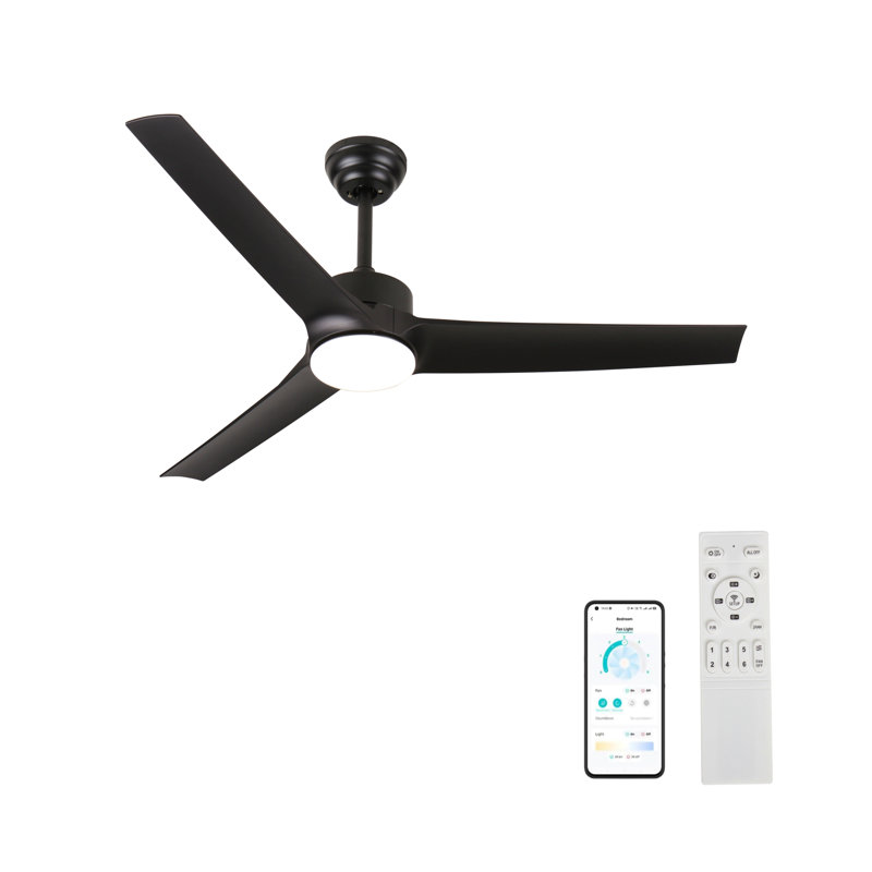 Ventilateur de plafond noir de 52 pouces avec lumière, ventilateur de plafond avec 3 pales réversibles, 2 tiges verticales, télécommande à 6 vitesses, ventilateurs de plafond pour l'intérieur