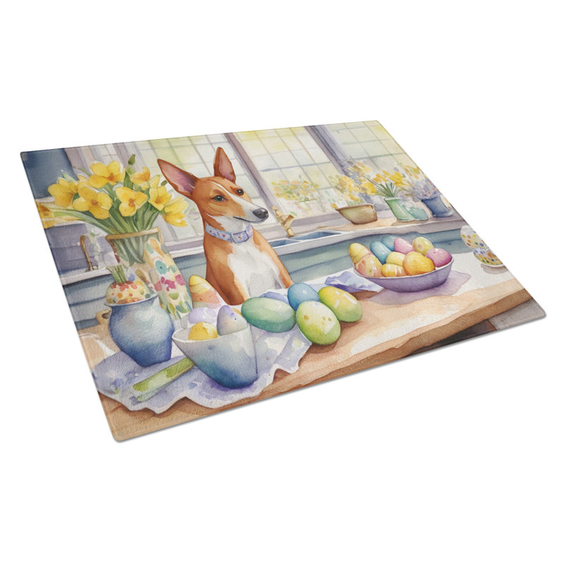 Planche à découper en verre décorative de Pâques Basenji