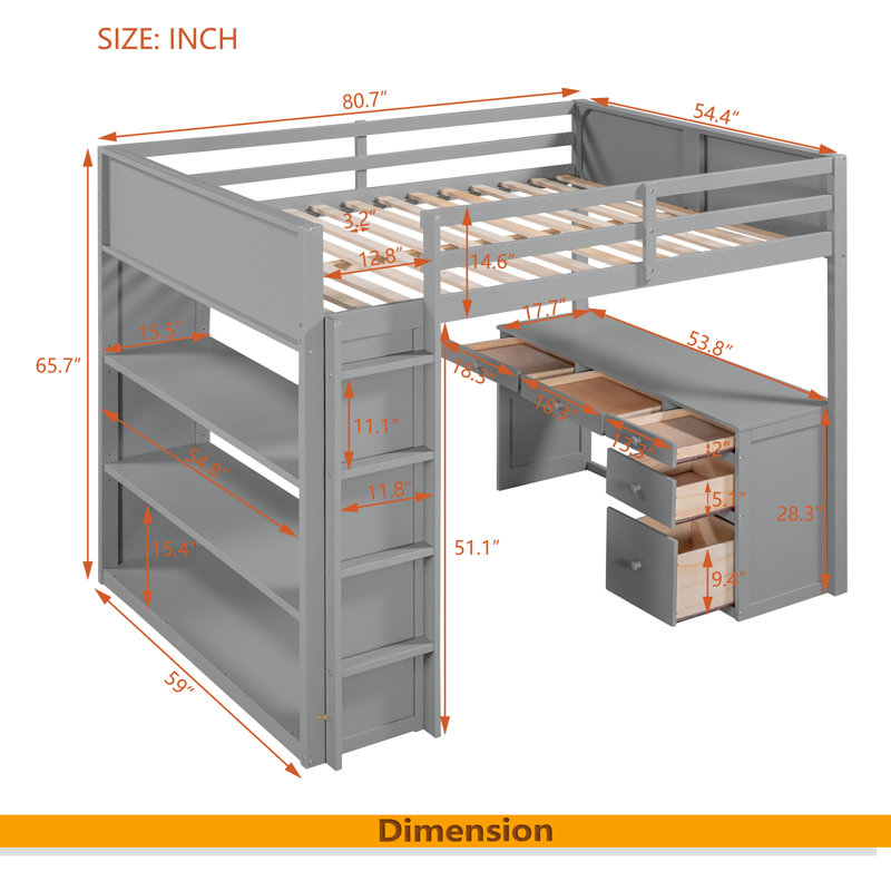 Lit mezzanine avec échelle, tablettes et bureau, Gris, Lit double