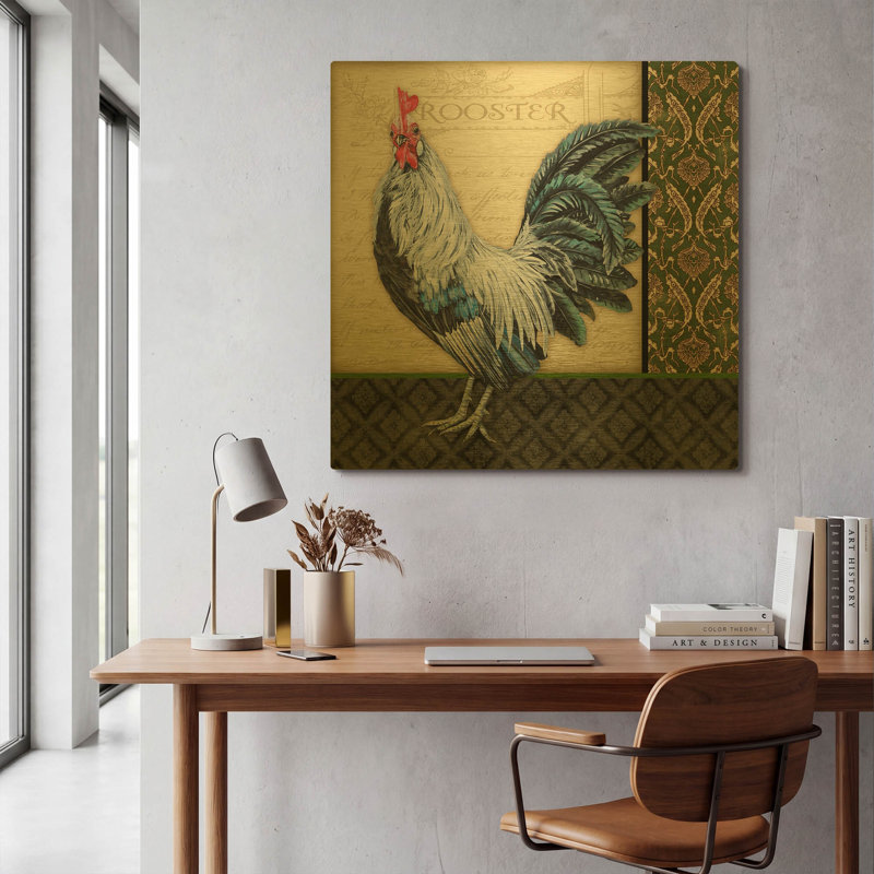 «Damask Rooster B» par Jean Plout, art mural en métal doré, 36 po x 36 po, 36 po x 36 po