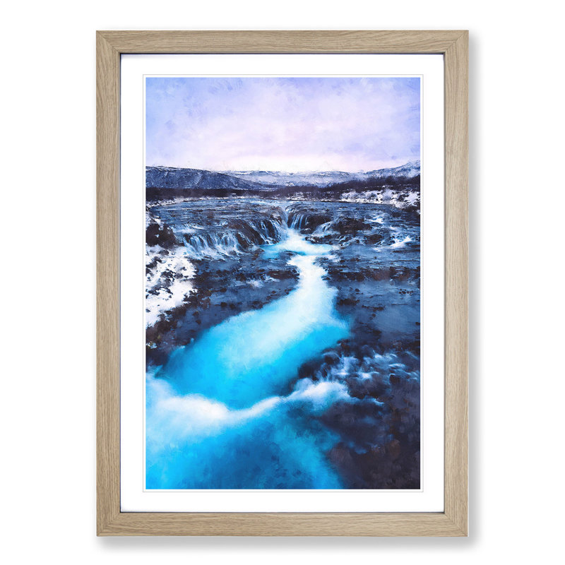 Winter Waterfall in Iceland - Picture Frame Painting, Oak Framed, 48cm H x 36cm W x 2cm D