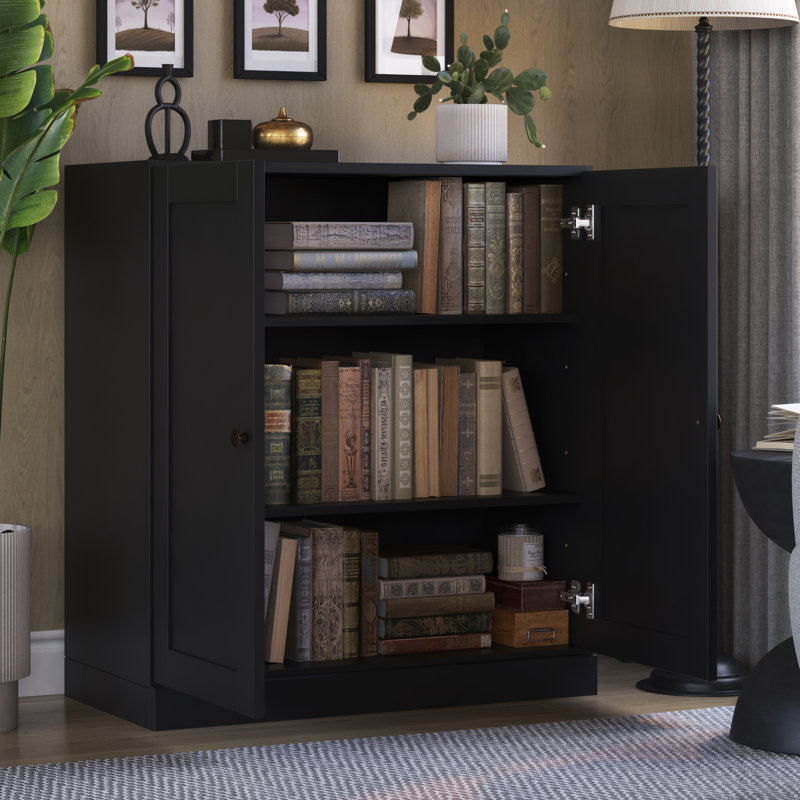 Bibliothèque 100% bois massif à 3 tablettes avec portes, bibliothèque avec tablettes réglables, l 35,75 po x H 32 po, Noir