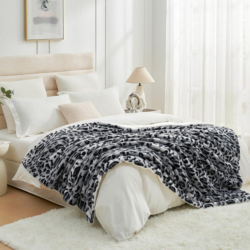Animal Print Faux Fur & Sherpa Reversible Throw Blanket, Jeté, Silvery Leopard
