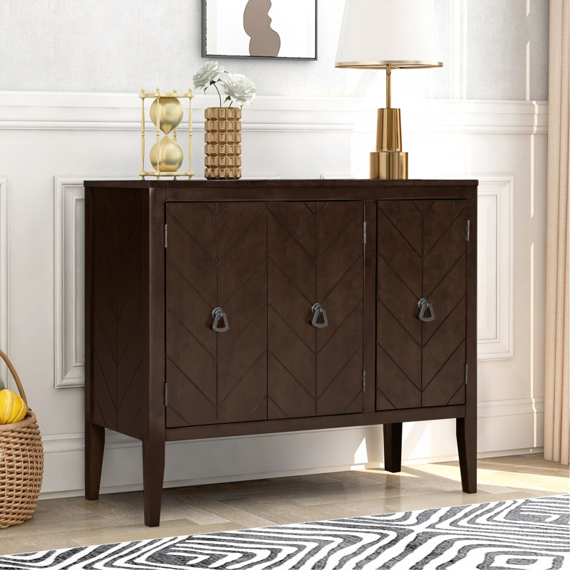 Retro Storage Sideboard With Adjustable Shelves - 3 Metal Handles & 4 Pinewood Legs, Brown