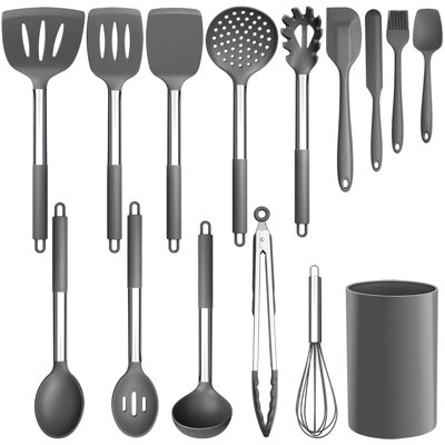 15 Pcs Silicone Cooking Utensil Set, Non-stick Heat Resistant, Dishwasher Safe, Bpa Free, Gray