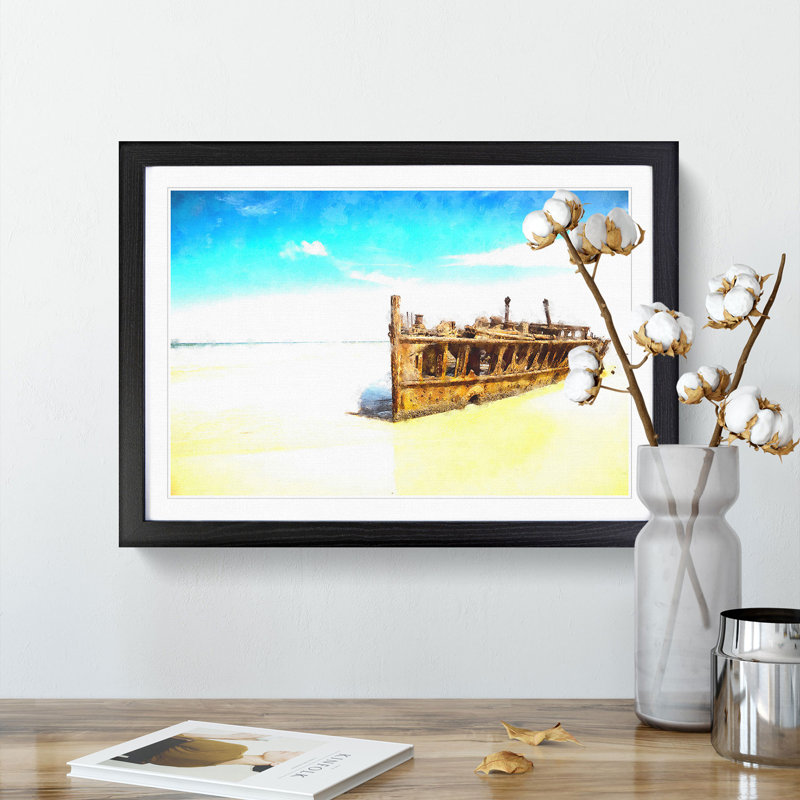 Maheno Shipwreck Australia - Picture Frame Graphic Art Print, 24cm H x 33cm W x 2cm D, Black Framed