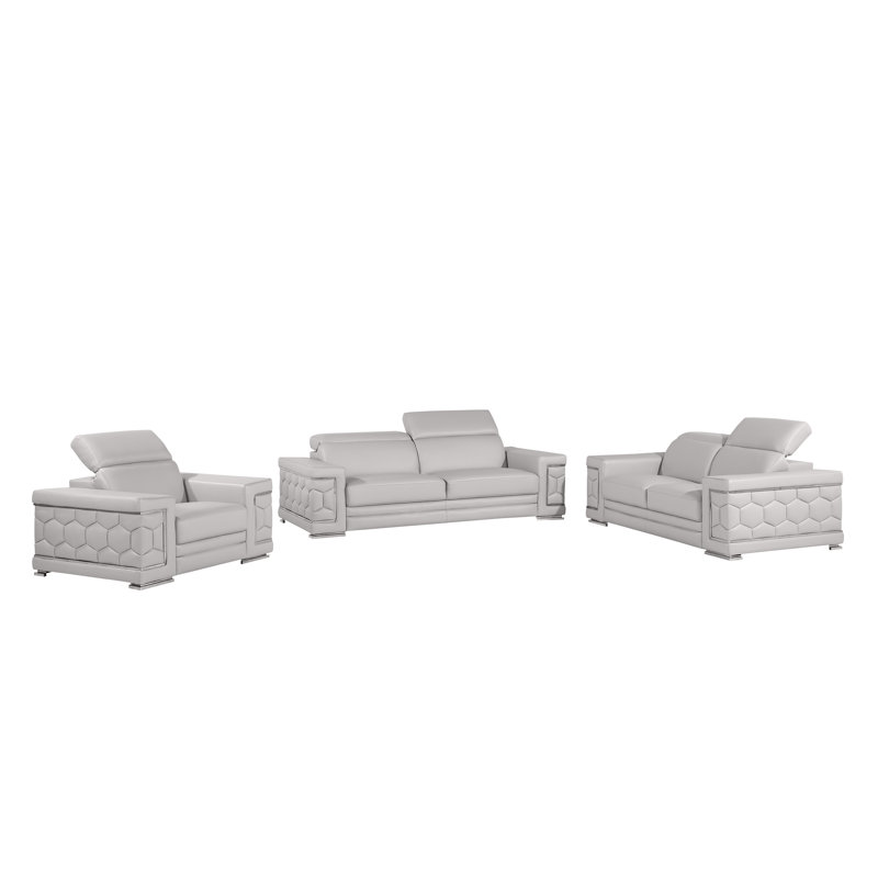 Charliee 3 Piece Genuine Leather Sofa Set, Light Gray