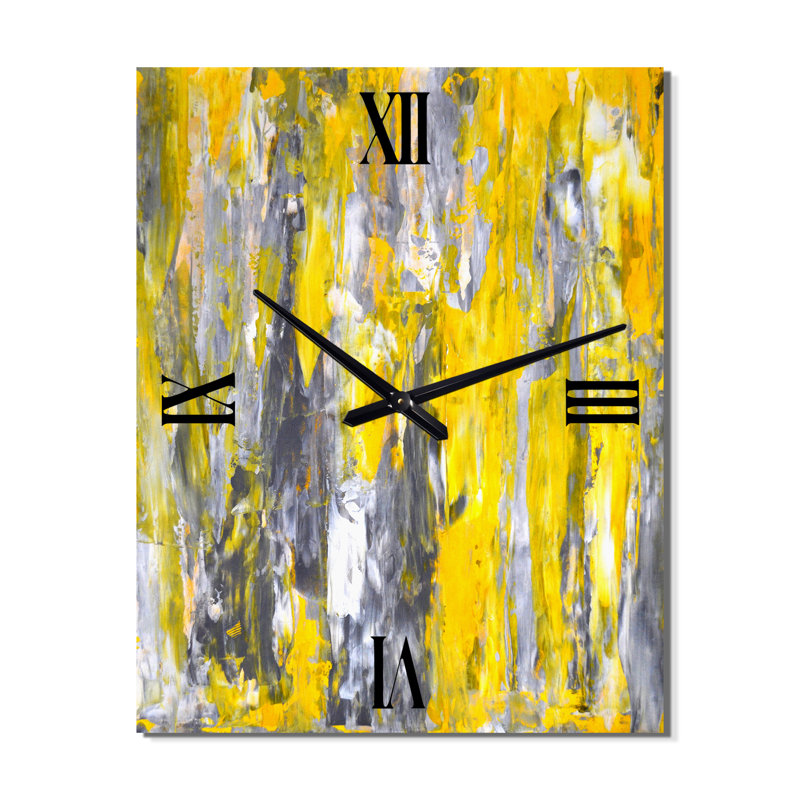 Motif abstrait gris et jaune - Horloge murale abstraite en métal, Médium
