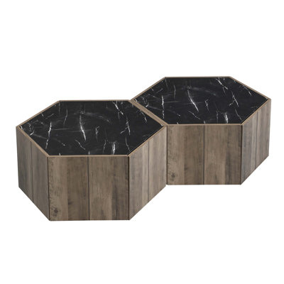 Hexagonal Rustic Retro Wood Coffee Table with Hidden Storage and Marble Top, Ideal for Living Room and Reception Areas