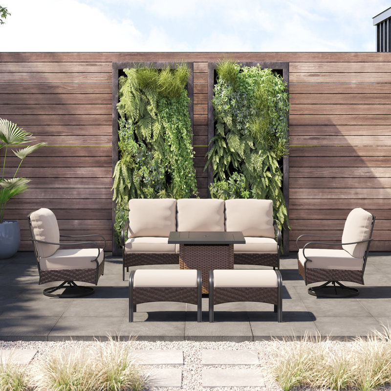 Salem 5-Person Swivel Outdoor Conversation Set with Fire Pit Table & Optional Ottomans, Yes