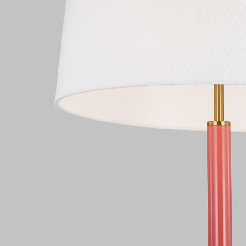 Burnished Brass Red Steel Table Lamp with White Linen Shade
