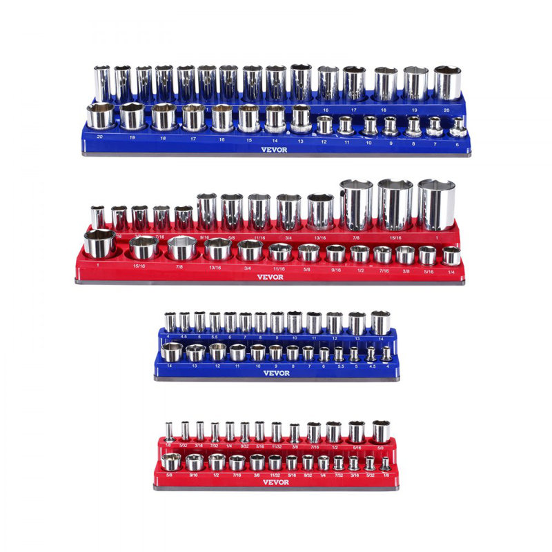 Magnetic Socket Organizer Set 4PCS Socket Trays Blue & Red for Metric SAE