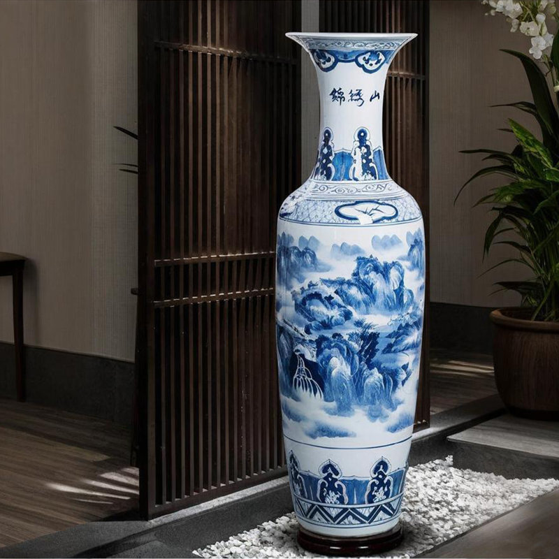 Grand vase sur pied en céramique de 70,87 po peint à la main bleu et blanc Jingdezhen, H 70,87 po x l 20,47 po x P 20,47 po