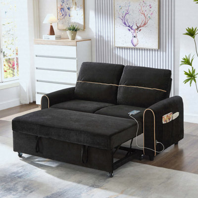 58" Chenille Pull-Out Sofa Bed with Adjustable 3-Position Backrest, Side Pockets & USB Ports