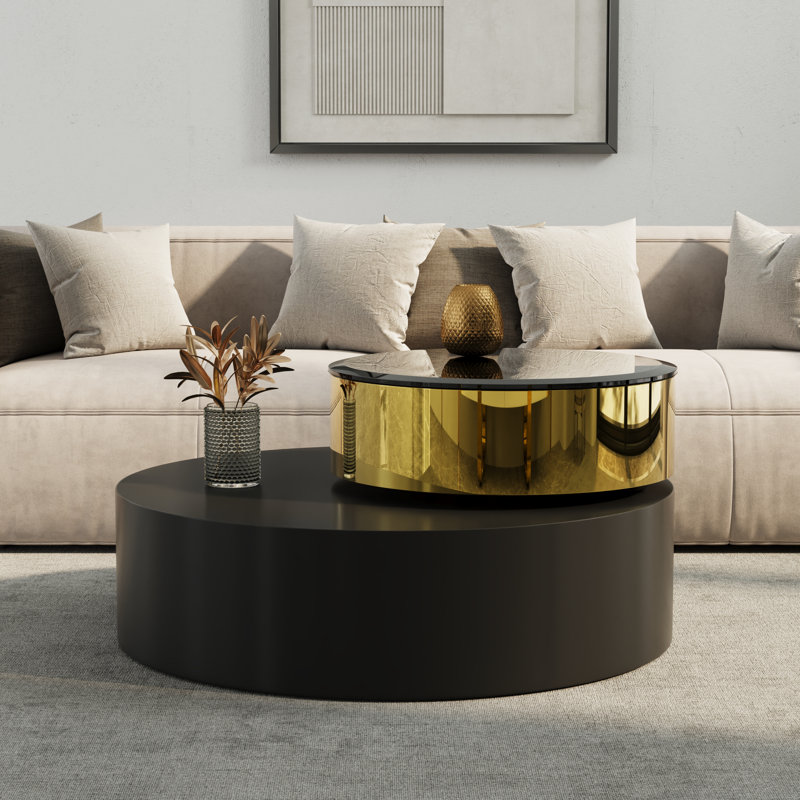 31.5 Inch Black And Gold Coffee Table 2 Tiers Center Table With 360°Swivel Tabletop, Black, Black/Gold