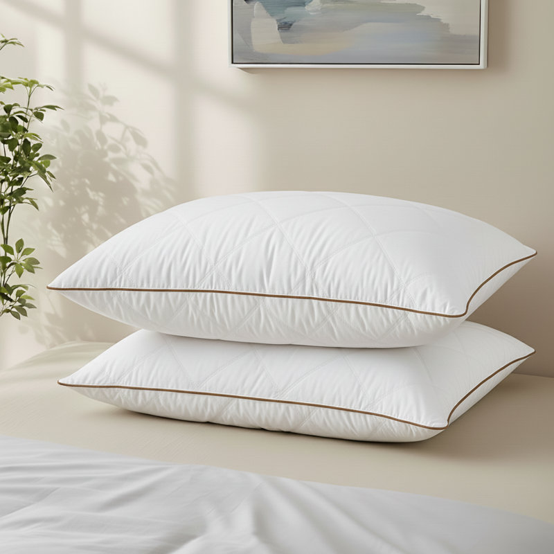 Oreiller luxueux en plumes d'oie avec passepoil brun et matelassage à losanges, Grand lit, Blanc