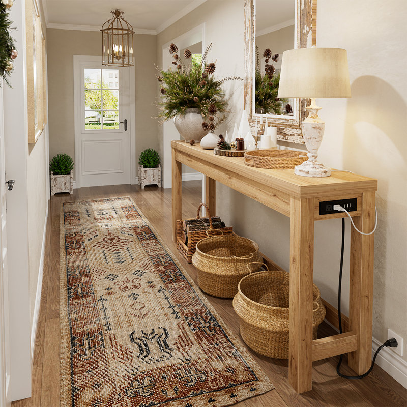 63 Inch Console Table with 3 Outlets, Natural, Natural