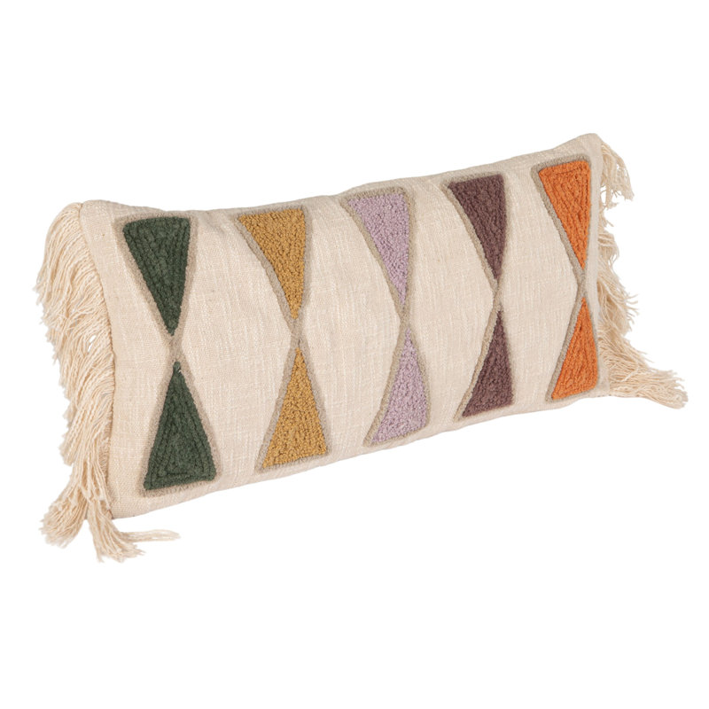 Embroidered Cotton Lumbar Pillow with Fringe, Yellow/Green/Orange/Brown/Cream